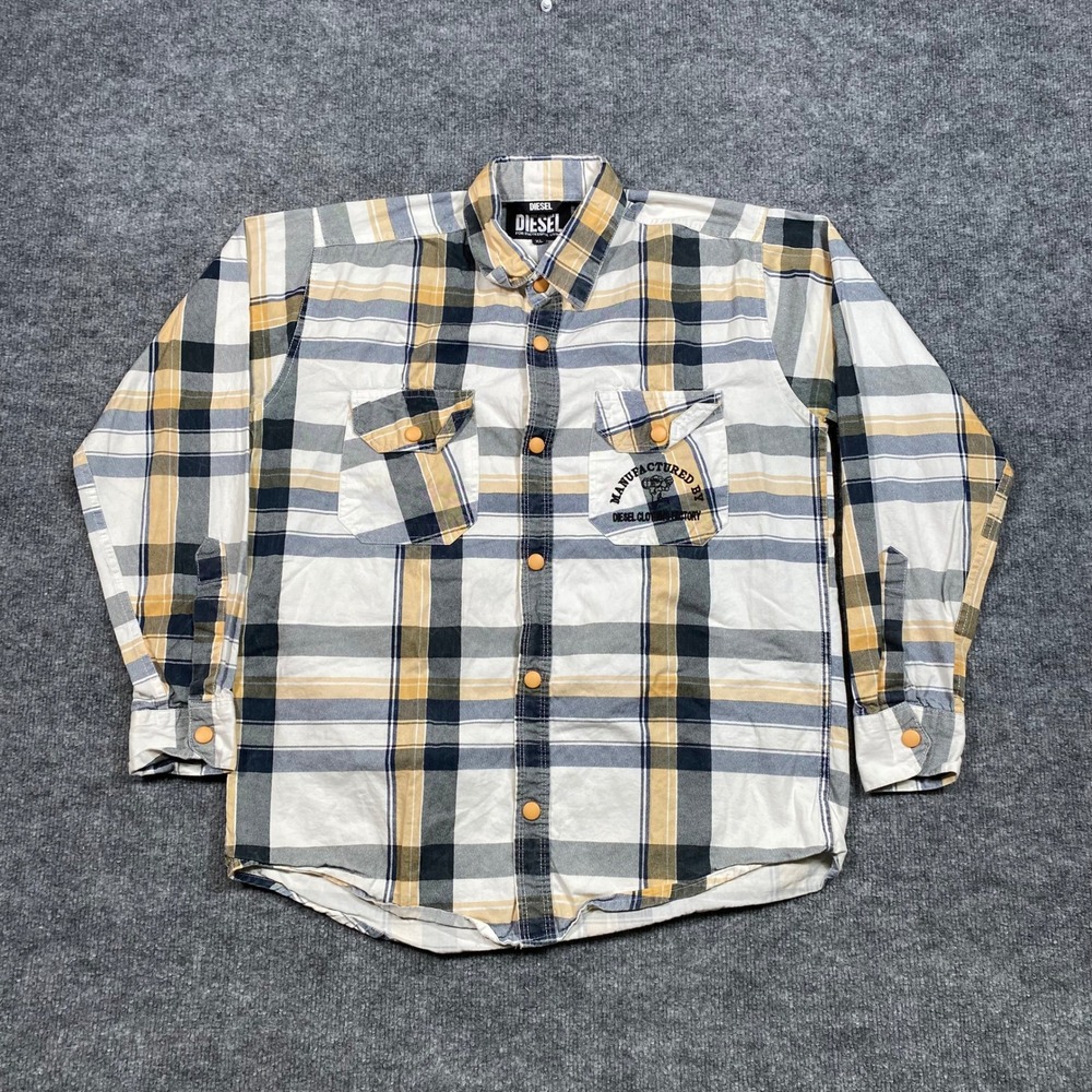 Diesel‎ Mens XL Plaid Long Sleeve Button Down Snap Shirt White Blue Tan Graphic